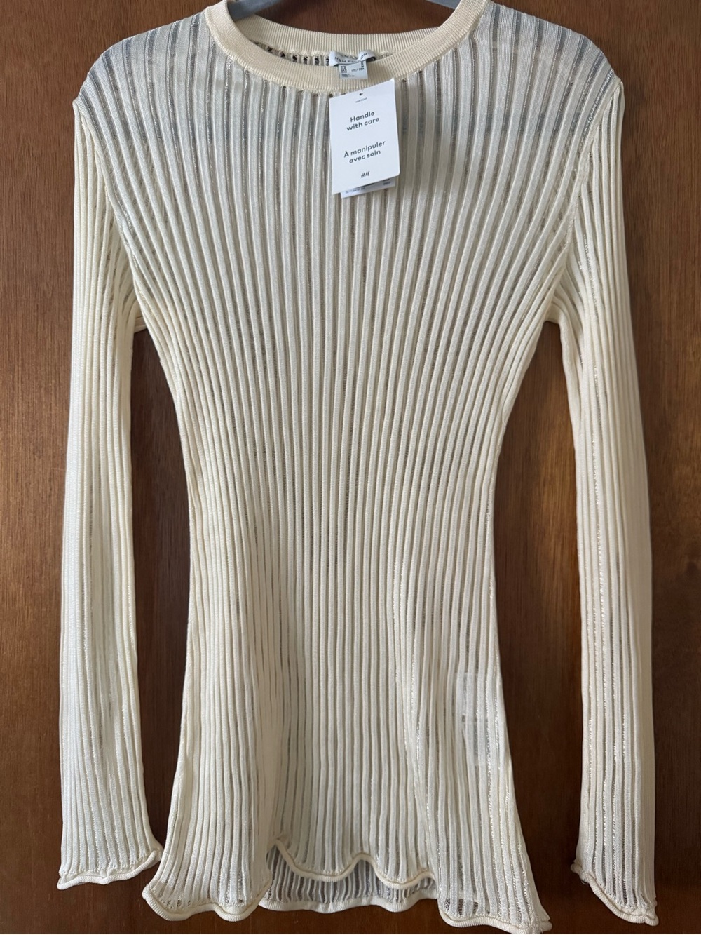 H&M Cream Ribbed Long Sleeve Knit Top with Scalloped Hem